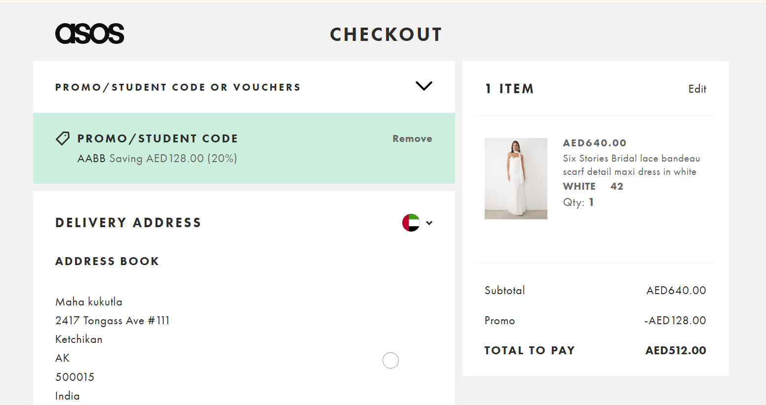 Checkout screenshot with code AABB applied