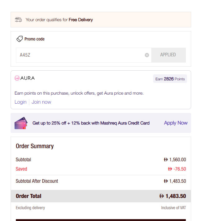 Checkout screenshot with code A45Z applied