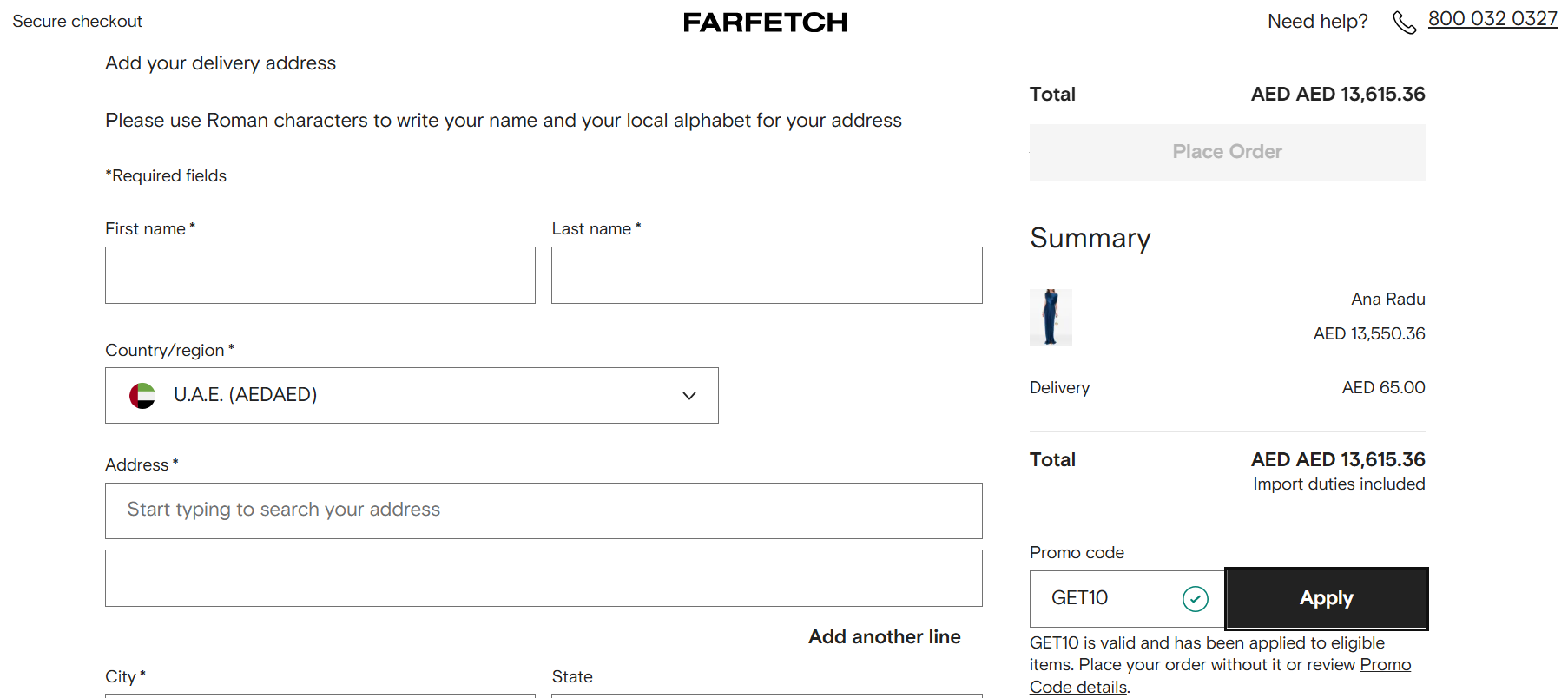 Checkout screenshot with code GET10 applied