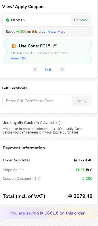 Checkout screenshot with code NEW15 applied