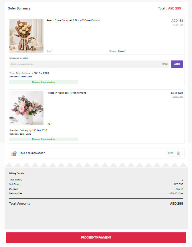 Checkout screenshot with code EI20 applied