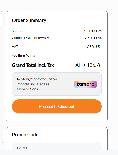 Checkout screenshot with code PAVO applied