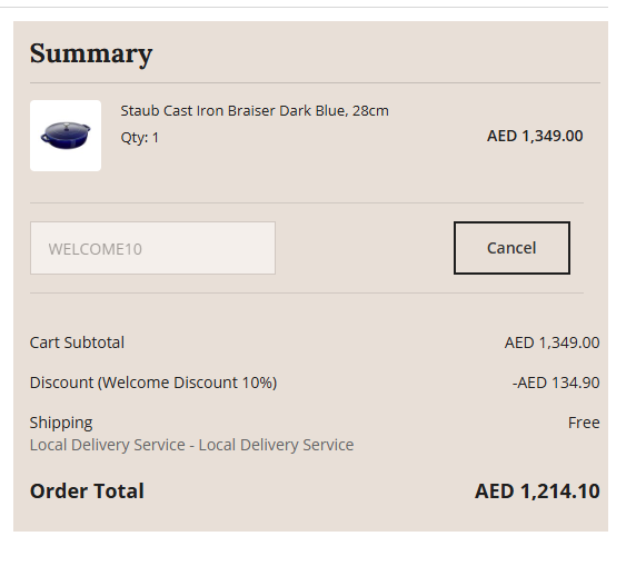 Checkout screenshot with code WELCOME10 applied