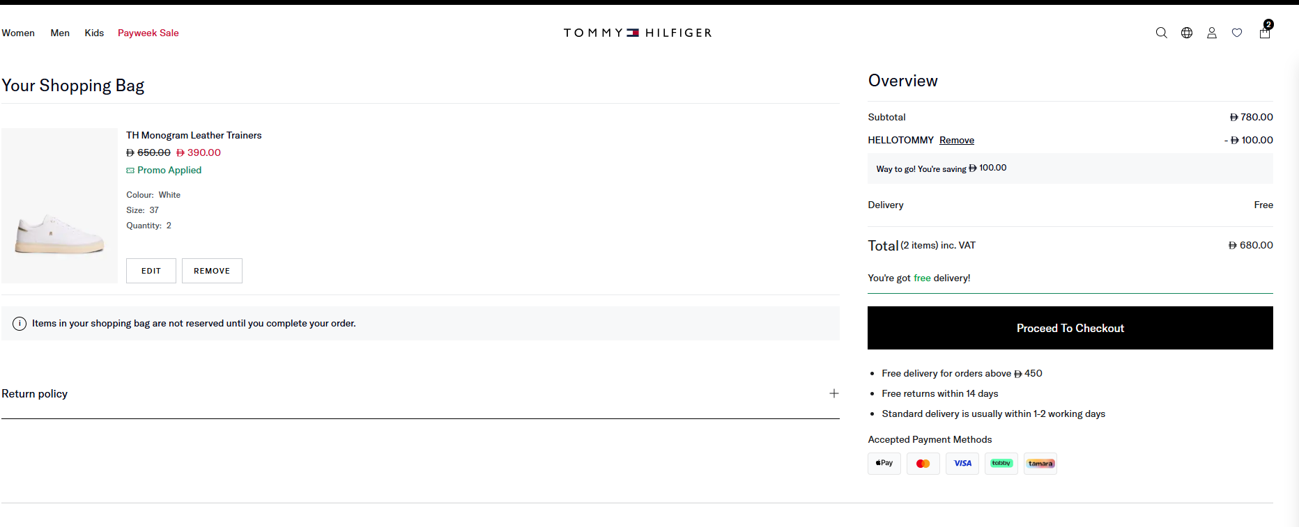 Checkout screenshot with code HELLOTOMMY applied