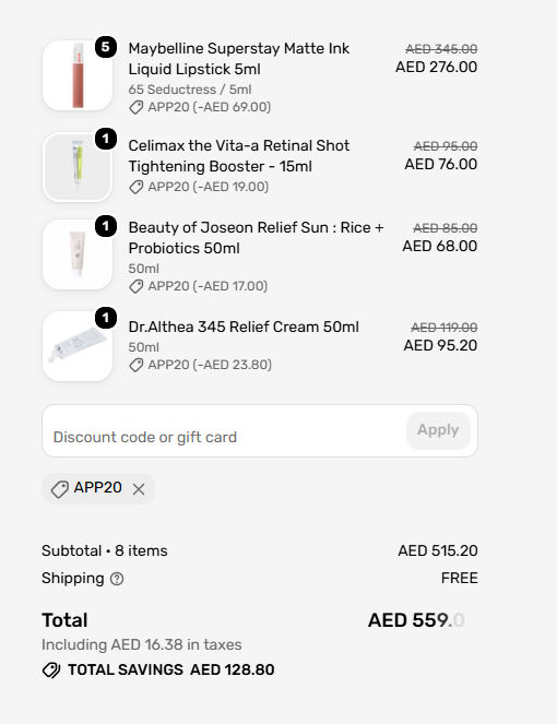 Checkout screenshot with code APP20 applied